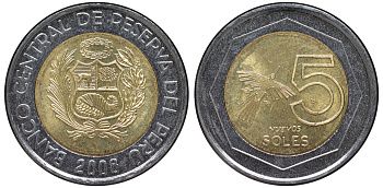 Перу 5 новых солей 2008 KM 316 биметалл aUNC 4605-351