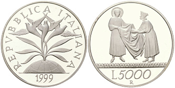Италия 5000 лир 1999 R, Миллениум - Солидарность KM 197 серебро PROOF 1530-112