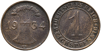 Германия 1 рейхспфенниг 1934 G KM 37 бронза 44-1254