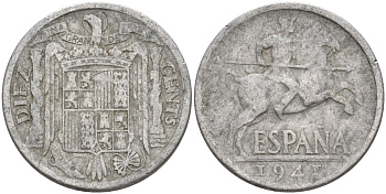 Испания 10 сентимо 1941 Франсиско Франко (1939 - 1975) KM 766 алюминий 4155-214