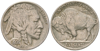 США 5 центов 1936 S, индеец, бизон KM 134 медно-никель 4614-1252