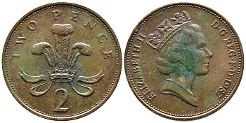 Великобритания 2 пенса 1987 Елизавета II (1952-2022) KM 936, Spink 4376 (C3) бронза 87-752