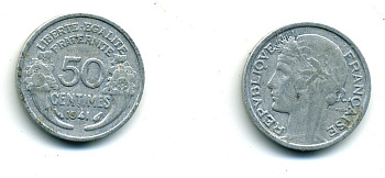ФРАНЦИЯ 50 САНТИМОВ 1941 ТИП MORLON, LOURDE, ВЕС 0,67 ГР. KM 894.1а, LE FRANC 193.2 алюминий 84-353