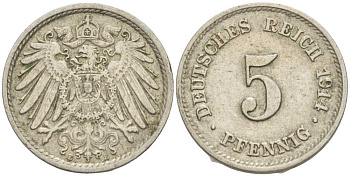 ГЕРМАНИЯ 5 ПФЕННИГОВ 1914 E KM 11, J. 12 медно-никель 105-215