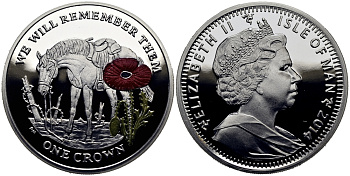 Остров Мэн 1 крона 2014 в память героев первой мировой войны, одинокая лошадь, красный мак KM NEW серебро, эмаль  PROOF  1071-3-13