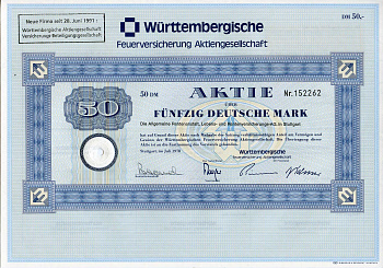 ФРГ 50 марок 1978 Акционерное общество по страхованию от пожаров Вюртемберга, акция   бумага   8803-90-1