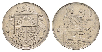 Латвия 50 сантимов 1922 год-тип KM 6 никель aUNC 4657-737