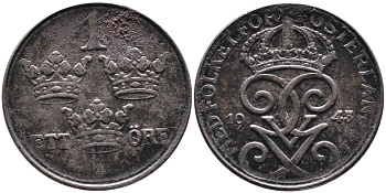 Швеция 1 эре 1945 SERIF 4, Густав V (1907-1950) KM 810 железо 4387-542