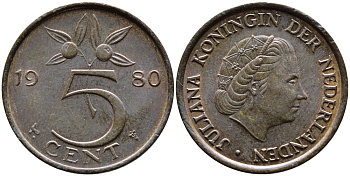 Нидерланды 5 центов 1980 Юлиана (1948-1980) KM 181 бронза 4391-1246