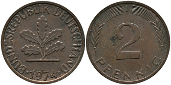 ФРГ 2 пфеннига 1974 J KM 106а, J.381а сталь плакированная медью 99-222