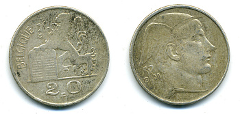 Бельгия 20 франков 1950 Леопольд III (1934-1950), BELGIQUE KM 140.1 серебро 86-1513