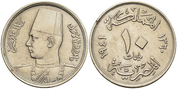 ЕГИПЕТ 10 МИЛЛИМ 1941 АН1360, ФАРУК (1936-1952) KM 364 медно-никель 4514-1226