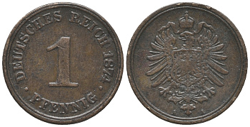 ГЕРМАНИЯ 1 ПФЕННИГ 1874 A, СТАРОГЕРБОВКА KM 1, J. 1 медь 100-858