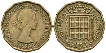 Великобритания 3 пенса 1953 Елизавета II (1952-2022) KM 886, Spink 4152 никель латунь 4561-1021