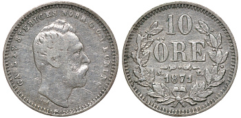 Швеция 10 эре 1871 Карл XV (1859-1872) KM 710 серебро 4179-653