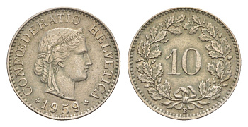 Швейцария 10 раппенов 1959 B KM 27 медно-никель 4643-344