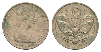 Новая Зеландия 10 центов 1976 Елизавета II (1952-2022), маска маори KM 41.1 медно-никель 4657-126