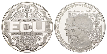 Нидерланды 25 экю 1991 25 лет свадьбе Беатрикс и Принца Клауса X 37 серебро PROOF 1083-4-11