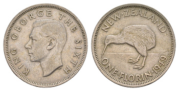 Новая Зеландия 1 флорин = 2 шиллинга 1949 Георг VI (1936-1952), птичка киви KM 18 медно-никель 4650-812