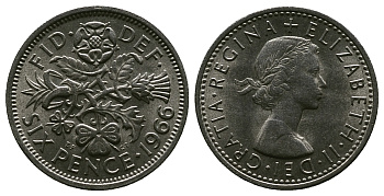 Великобритания 6 пенсов 1966 Елизавета II (1952-2022) KM 903, Spink 4149 медно-никель 4381-849