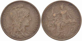 ФРАНЦИЯ 5 САНТИМОВ 1916 ТИП ДАНИЭЛЬ ДЮПЮИ KM 842, LE FRANC 119.28 бронза 108-1013