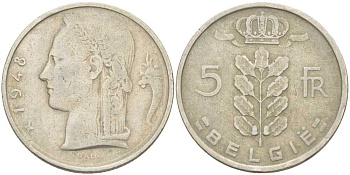 БЕЛЬГИЯ 5 ФРАНКОВ 1948 BELGIE, ЛЕОПОЛЬД II (1934-1950) KM 135.1 медно-никель 202-1145