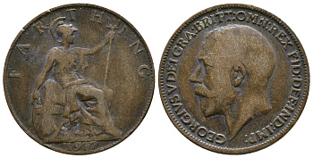 Великобритания 1 фартинг 1917 Георг V (1910-1936), темная отделка KM 808.1, Spink 4059 бронза 08-1035
