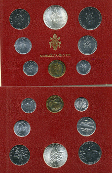 Ватикан набор из 8 монет 1975 1, 2, 5, 10, 20, 50, 100, 500 лир, в оригинальном буклете KM MS79 серебро UNC 8-1-01-22