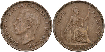 Великобритания 1 пенни 1937 Георг VI (1936-1952) KM 845, Spink 4114 бронза 4574-122