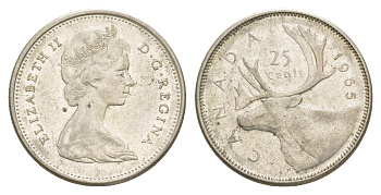 Канада 25 центов 1965 Елизавета II (1952-2022), олень KM 62 серебро 4541-953