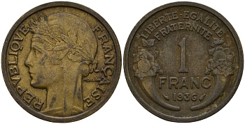Франция 1 франк 1936 тип Morlon KM 885 алюминиевая бронза 4156-713