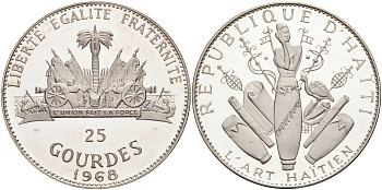 Гаити 25 гурдов 1968 10 лет революции, 155 гр., тираж 5810 экз. KM 67.1 серебро PROOF 00-000-00