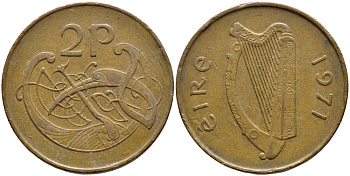 Ирландия 2 пенса 1971 виньетка в виде стилизованной птицы из второй библии Карла II лысого KM 21 бронза 4394-414
