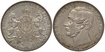 Брауншвейг-Каленберг-Ганновер 1 талер 1858 B, Георг V (1851-1866) КМ 230, Welter 3188, Thun 174, AKS 144, Jäger 96, Kahnt 239, Davenport 6820 серебро 00-809-31