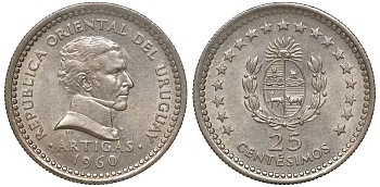 Уругвай 25 сентесимо 1960 KM 40 медно-никель 4169-854