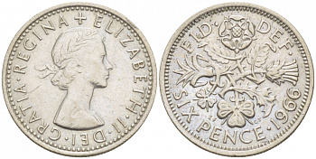 Великобритания 6 пенсов 1966 Елизавета II (1952-2022) KM 903, Spink 4149 медно-никель 214-722
