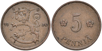 ФИНЛЯНДИЯ 5 ПЕННИ 1936 KM 22 медь 192-1252