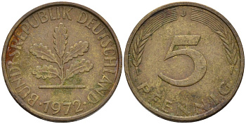 ФРГ 5 ПФЕННИГОВ 1972 J KM 107, J.382 сталь плакированная латунью 4567-868