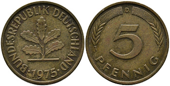 ФРГ 5 ПФЕННИГОВ 1975 D KM 108, J.383 сталь плакированная латунью 33-215