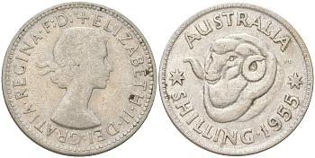 Австралия 1 шиллинг 1955 M, Елизавета II (1952-2022), овца меринос KM 59 серебро 4622-147