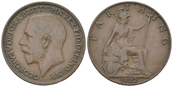 Великобритания 1 фартинг 1922 Георг V (1910-1936) KM 808.2, Spink 4060 бронза 4617-862