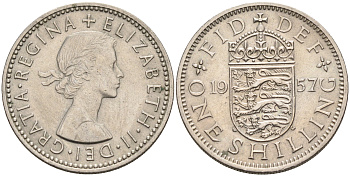 Великобритания 1 шиллинг 1957 Елизавета II (1952-2022), Английский герб KM 904, Spink 4147 медно-никель 4592-311
