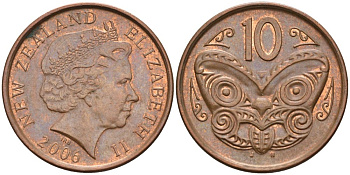 Новая Зеландия 10 центов 2006 Елизавета II (1952-2022), маска маори KM 117а сталь плакированная медью 108-1245