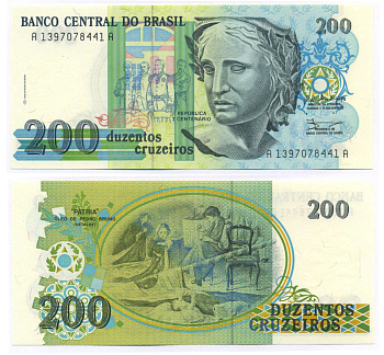 Бразилия 200 крузейро 1990 ПОДПИСЬ 28 Pick 229 бумага UNC (пресс) 445-60-2-2