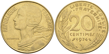 Франция 20 сантимов 1974 тип Марианна KM 930 медь алюминий никель 4116-526