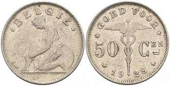 БЕЛЬГИЯ 50 САНТИМОВ 1928 BELGIE KM 88 никель 4516-321