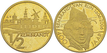 НИДЕРЛАНДЫ ЖЕТОН, 1/2 РЕМБРАНДТА 2006 400 ЛЕТ РЕМБРАНДТУ (1606-2006), ГОРОД LEIDEN, ДИАМЕТР 25 ММ., ВЕС 7 ГР., ТИРАЖ 15000 ЭКЗ. жёлтый металл UNC 51-652