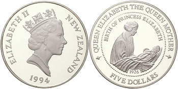 Новая Зеландия 5 долларов 1994 94 года со дня рождения Королевы-матери KM 91 серебро PROOF 01-233-35