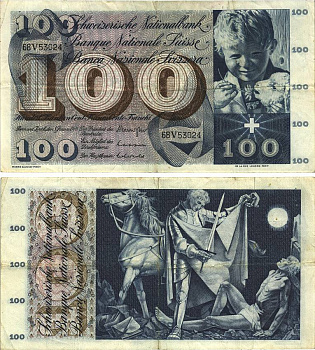 Швейцария 100 франков 1970 5 января 1970, серия 68 V, подпись 42 Pick 49 l бумага 8606-26-2-2