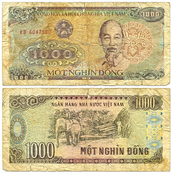 Вьетнам 1000 донгов 1988 Хо Ши Мин, маленькая серия Pick 106а бумага 8592-18-3-1